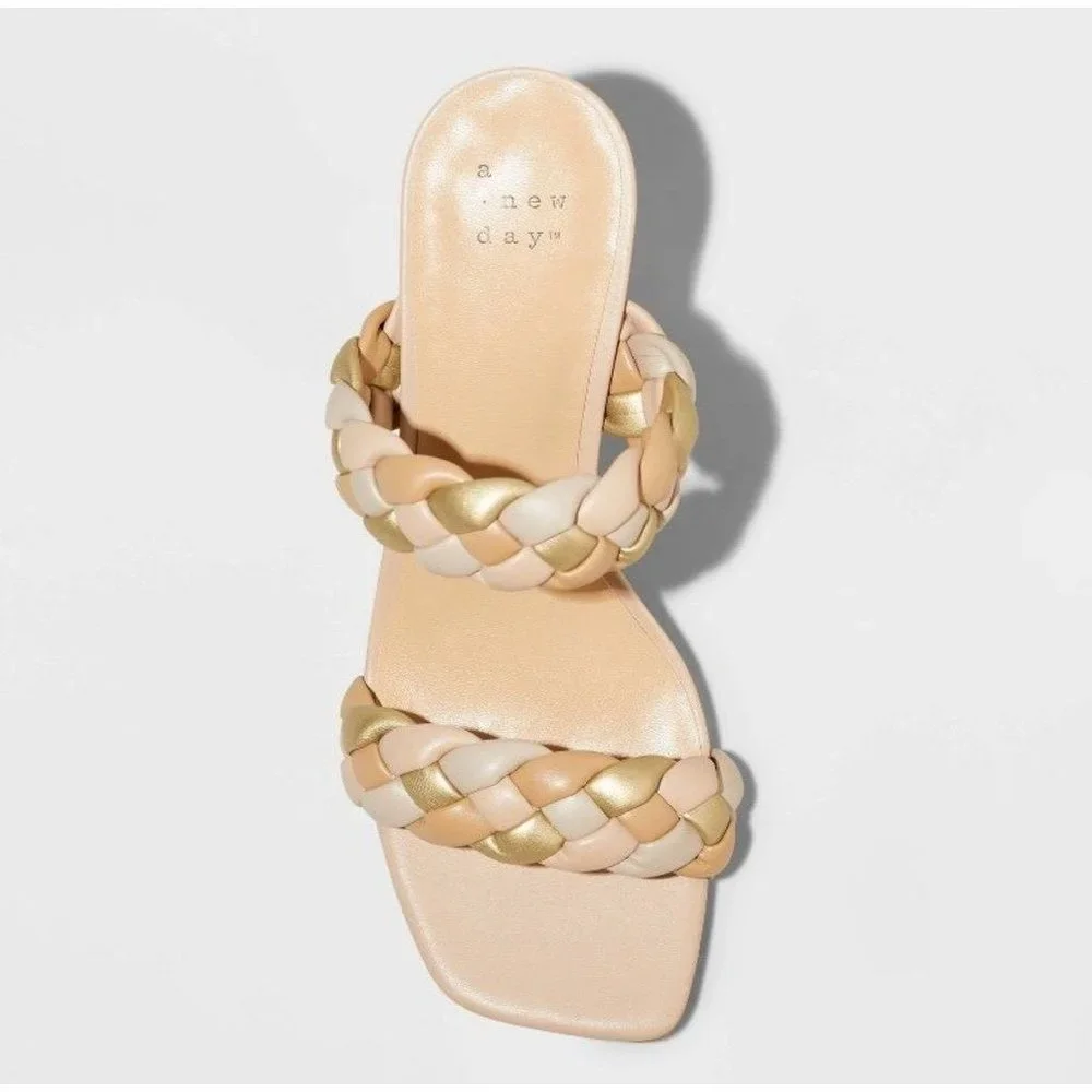 A New Day Womens Heels 7.5 Woven Sandals Tan Metallic Basil Heeled Two Bands New - Picture 4 of 10